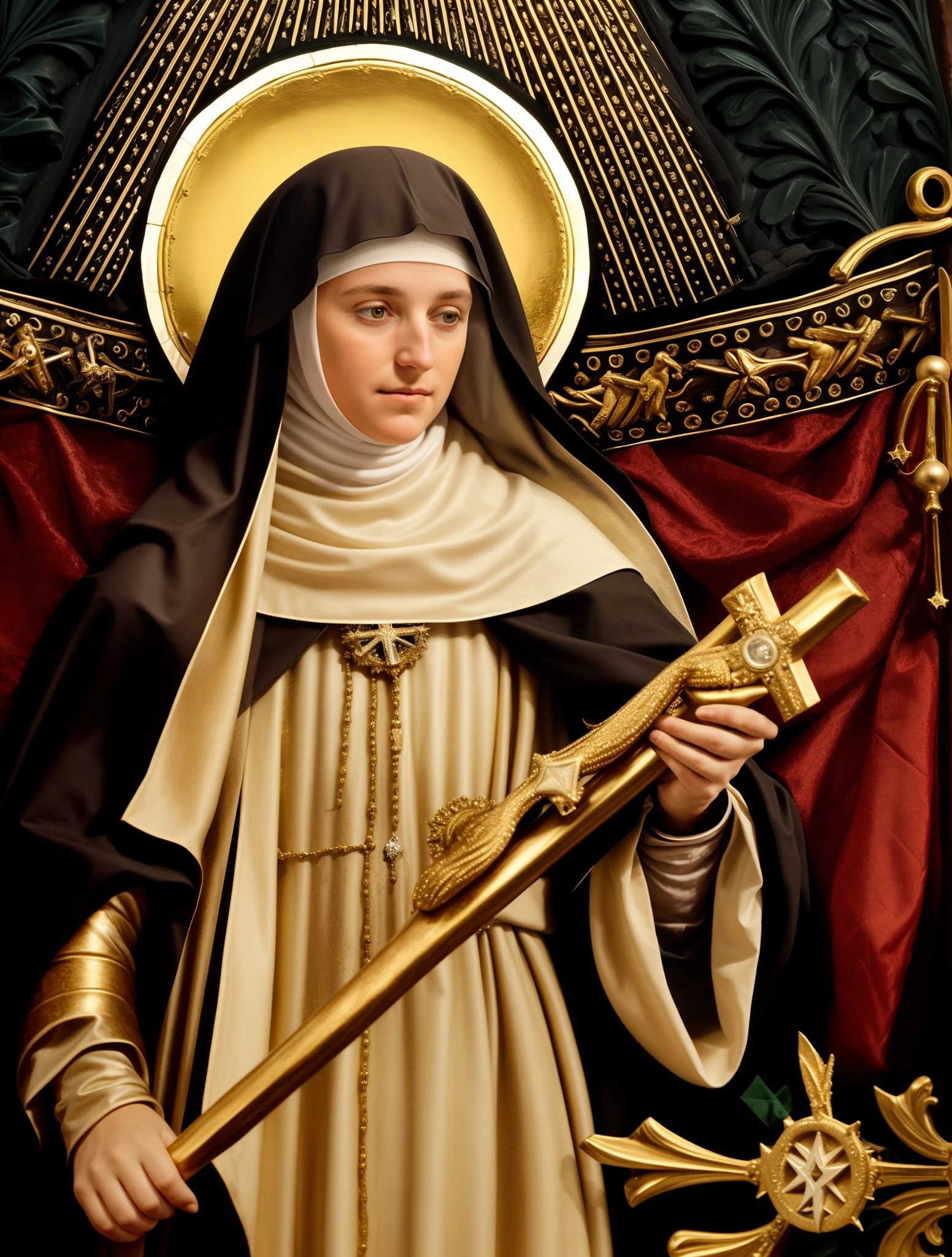 um close up de uma freira segurando uma cruz dourada com cristo, majestosa mulher de santo, santa mulher, Retrato de Hildegard von Bingen, santo, santas mulheres, Santo de ouro bonito, christian saint, inspired by Thomas Aquinas Daly, She is holding a cross of Christ, she is holding a long staff, Retrato gracioso santo, 4k
