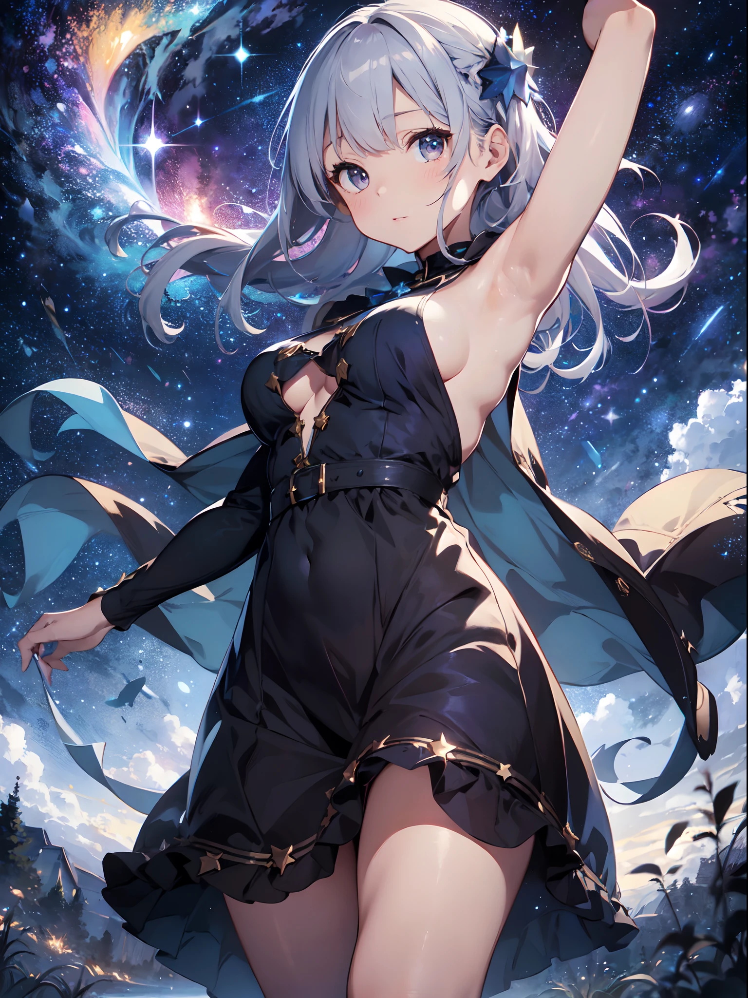 film photography, 1girl , sexy , (((whole body ))) , dynamic pose
Character: summer stargazer
Style: celestial wonder
Extraordinary Feature: channels the cosmos to inspire dreamers
Action: Lying on a blanket under the starry night sky, conjuring constellations
Hair: Flowing hair adorned with twinkling star-like accessories
Hair Color: Night-sky black with shimmering silver streaks
Eyes: Deep indigo with the mystery of the universe
Clothing: gown adorned with stars and constellations, celestial jewelry
Background: vast open field with a canvas of shimmering stars above, medium breast, full body, (realistic detailed eyes, natural skin texture, realistic face details), finely detailed, hyperrealistic