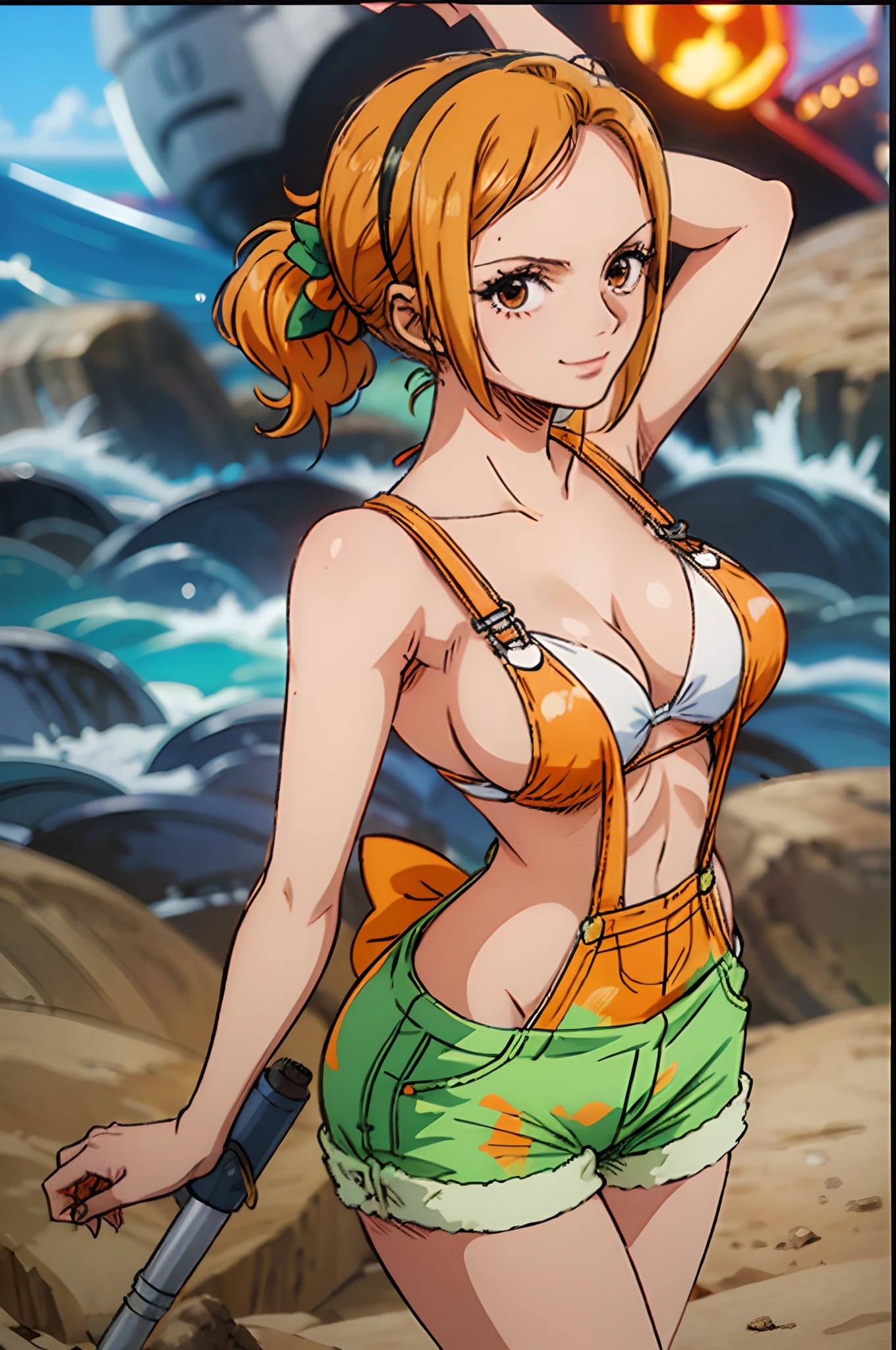 nami_\(one_piece\), 1girl, solo, standing, (large breasts), orange, (orange overalls), (orange overall_shorts), (white bikini_top), cleavage, embarrassed, smile, brown_eyes, shiny_skin, cowboy_shot, beach, skindentation, arms_behind_back, (green hairband with bow),