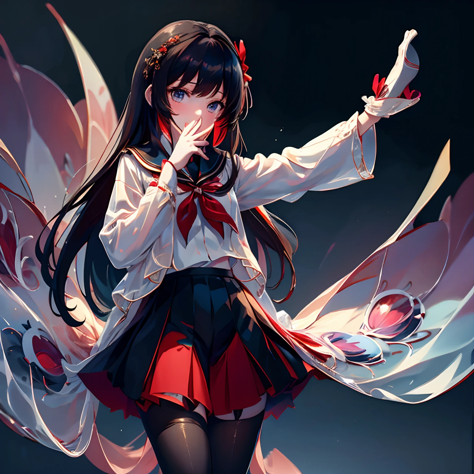 tmasterpiece，best qualtiy，Correct limbs，Girl covering her mouth，is shy:1.5，Be red in the face:1.5，JK school uniform，emaciated，a black pleated skirt，black lence stockings，thin very long legs，18year old，High school seniors，school ground
