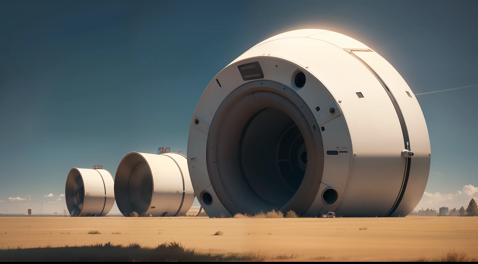 Huge listening machines in an empty field，A curved tube is attached to the ear