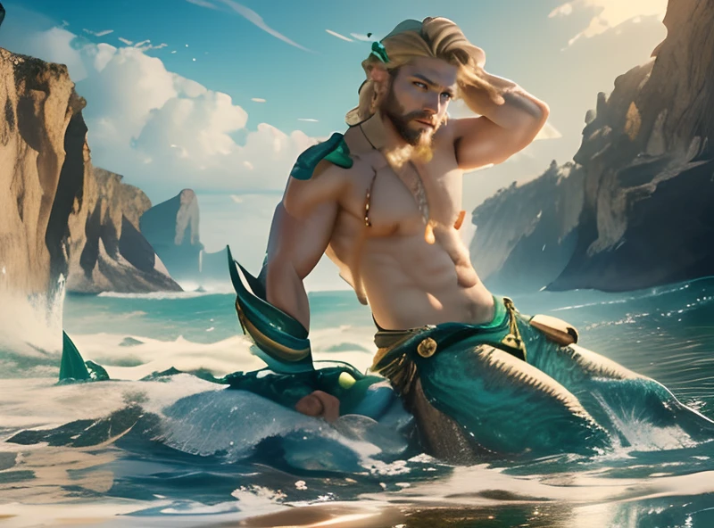 "Triton".  Not safe for work.  Realistic photo.  Triton. Greek sea god. Handsome young Triton. Blond man. Long hair. Shaped beard. Strong body. Green fish tail. Greenish skin. Emerald eyes. A large conch shell in his hand. Sitting on a rock in the ocean.. RAW analog photography, 80mm f2.8 lens, best quality, ultra detailed, 64k, intricate detail, minute detail, detail rendering, lifelike detail.  Detailed hands, perfect eyes, detailed face, natural pose.