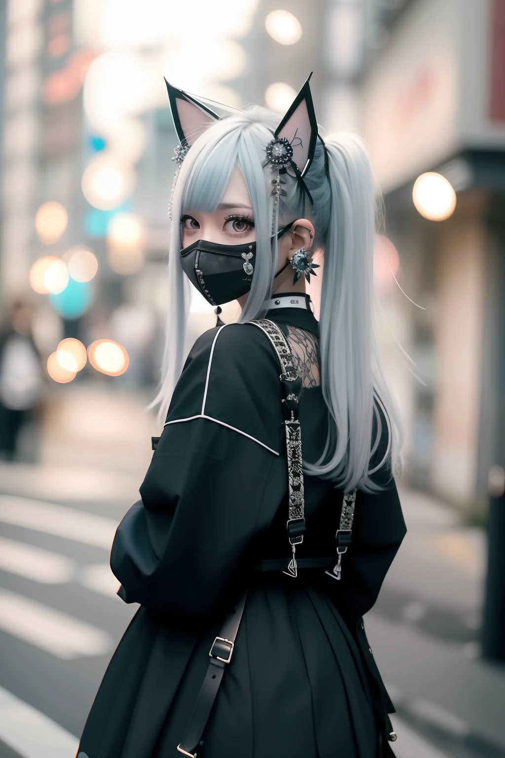 eye glass、Twin-tailed、goth_punk, 1girl in, 独奏, medium shot, Walking in Harajuku, ((during night)), bokeh dof, Neon light, Iridescent eyes, starrysky, red glowing hair, White eyebrows, Radiant hair, (iridescent white hair), 耳Nipple Ring, bangss, jewely, masks, bluntbangs, verd s eyes, Mouth mask, blurry backround, bblurry, hair adornments, Look at viewers, shorth hair, portraitures, side locks