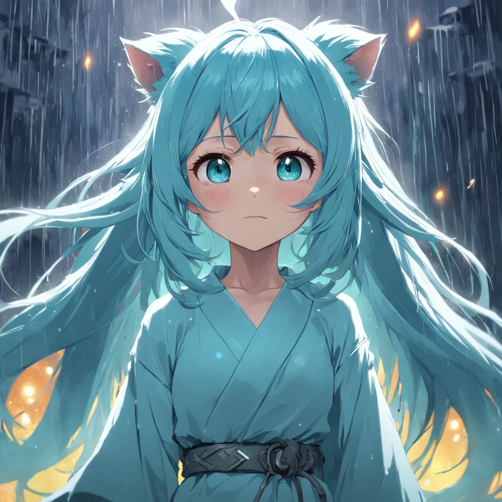 tmasterpiece,best qualtiy,cinematic Film still from,Cute bear orcs,shoun,Hair color:Light cyan and white,Pupil color:cyan colors,shaggy,adolable,Rained,rays of sunshine,ssmile