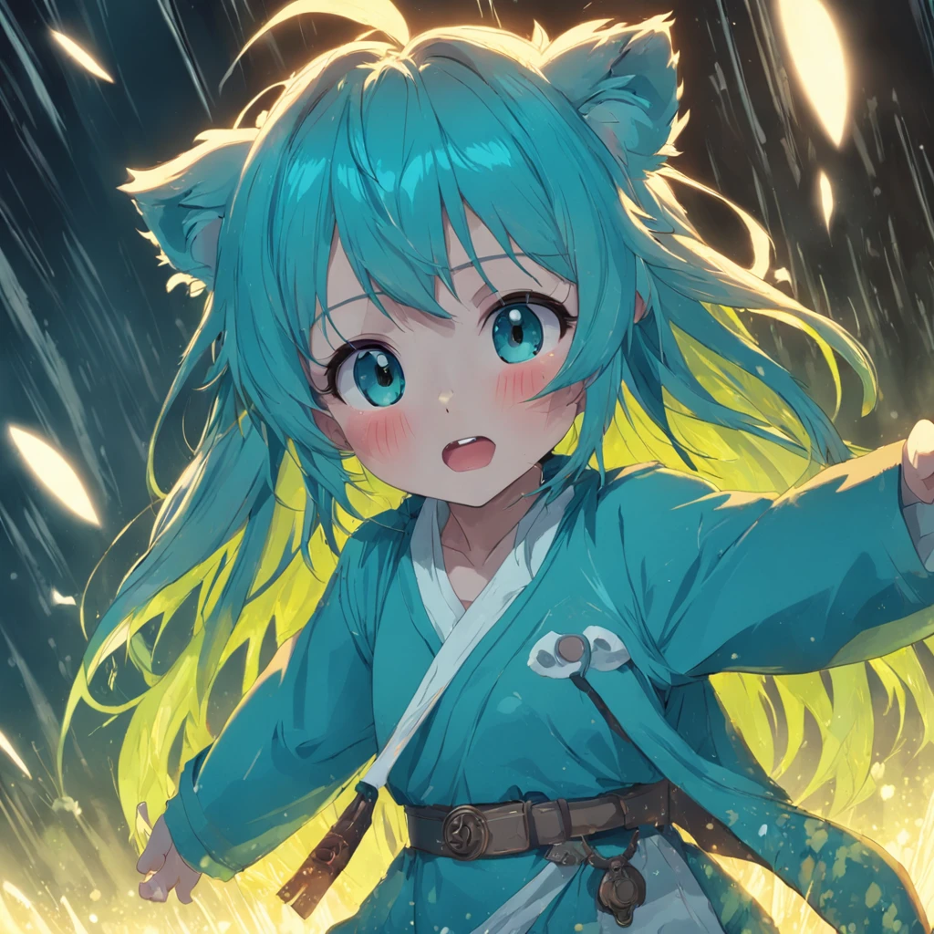 tmasterpiece，best qualtiy，cinematic Film still from，Cute bear orcs，shoun，Hair color：Light cyan and white，Pupil color：cyan colors，shaggy，adolable，Rained，rays of sunshine，ssmile