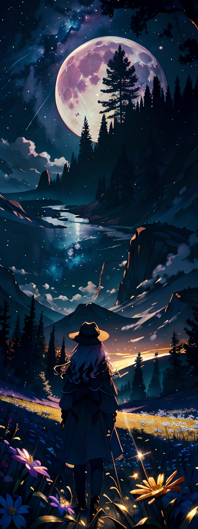Expansive landscape photograph, (view from below with a view of the sky and the wilderness below), little girl standing in a flower field looking up, (full moon: 1.2), (shooting star: 0.9), (nebula: 1.3), distant mountain, tree break production art, (warm light source: 1.2), (firefly: 1.2), lamp, purple and orange, intricate detail, volume lighting BREAK (masterpiece: 1.2), (highest quality ), 4k, ultra-detailed, (dynamic configuration: 1.4), highly detailed and colorful details (iridescent: 1.2), (sparkling lighting, atmospheric lighting), dreamy, magical, (solo: 1.2)