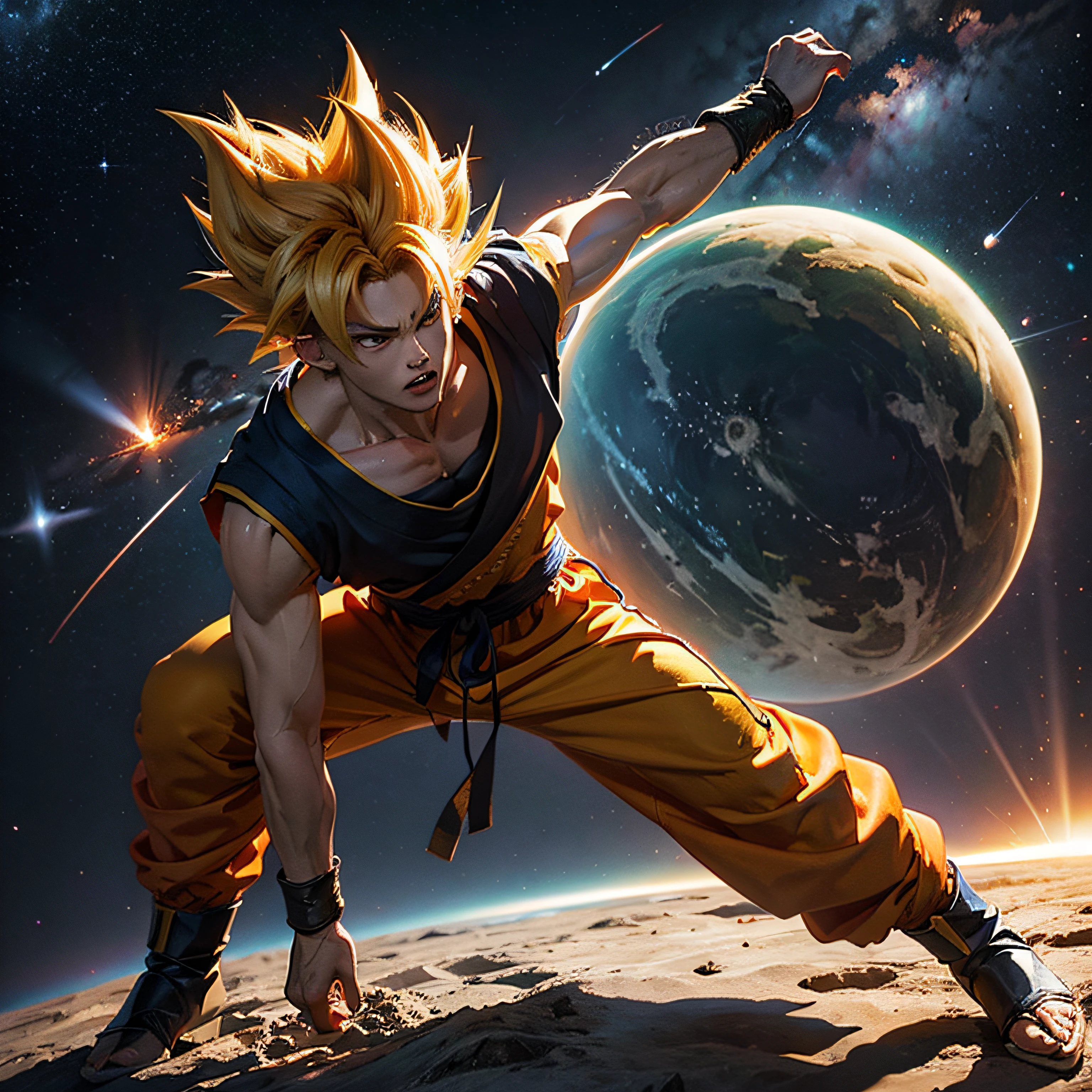 Super domineering，Son Goku，SuperSaiyan，cosmic space background，The whole body glows，ultra-realistic realism