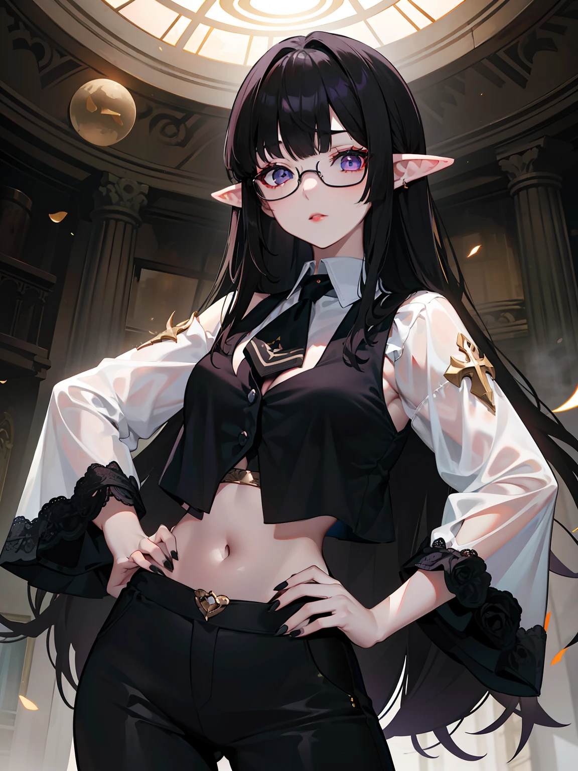 solo person,tmasterpiece,exquisite facial features,s the perfect face,woman,Royal sister,mature,sexy for,Qi bangs,long whitr hair,brunette color hair,asymmetricalbangs,Expressionless,Beautiful eyes,Red lips,elvish ears,Cross your hands at the waist,Black chest wrap,Crop topping,gossamer,black tulle,black long pants,black bikini,puff sleeves,Big sleeves,wears glasses,Purple eye,Tethered bikini,Crop topping,Bigboobs,Huge breasts,Vest line,Navel nails,Umbilical nails
