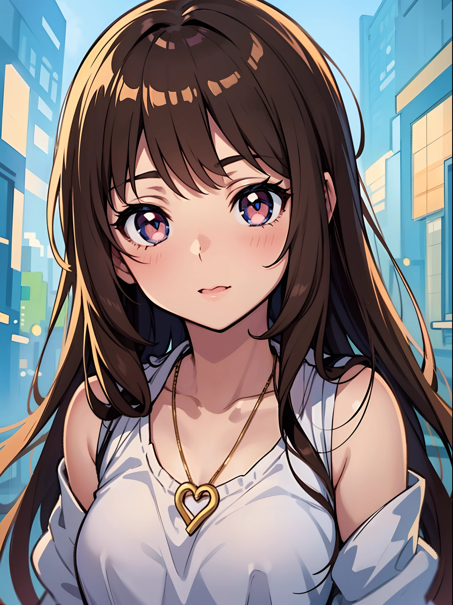 anime, a girl with brown hair and a necklace with a heart on it, complex details beautiful and delicate eyes, extremely cute anime girl face, cute anime girl portraits, cute natural anime face, cute anime face, anime visual of a cute girl, cute anime girl, cute anime girl portrait, anime moe artstyle, (anime girl), brown hair and large eyes, cute anime style, pretty anime girl