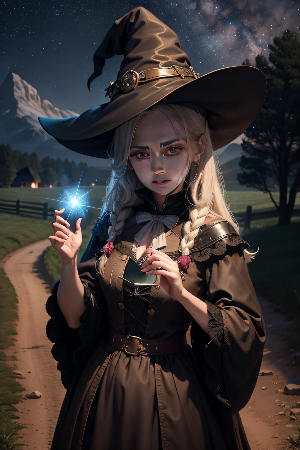 Witch magic casts spells on the starlit countryside