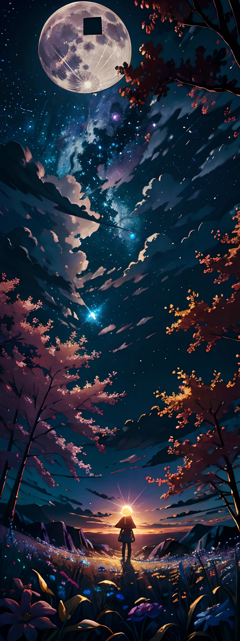 Expansive landscape photograph, (view from below with a view of the sky and the wilderness below), girl standing in a flower field looking up, (full moon: 1.2), (shooting star: 0.9), (nebula: 1.3), distant mountain, tree break production art, (warm light source: 1.2), (firefly: 1.2), lamp, purple and orange, intricate detail, volume lighting BREAK (masterpiece: 1.2), (highest quality ), 4k, ultra-detailed, (dynamic configuration: 1.4), highly detailed and colorful details (iridescent: 1.2), (sparkling lighting, atmospheric lighting), dreamy, magical, (solo: 1.2)