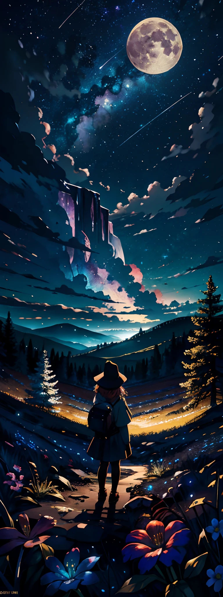 Expansive landscape photograph, (view from below with a view of the sky and the wilderness below), little girl standing in a flower field looking up, (full moon: 1.2), (shooting star: 0.9), (nebula: 1.3), distant mountain, tree break production art, (warm light source: 1.2), (firefly: 1.2), lamp, purple and orange, intricate detail, volume lighting BREAK (masterpiece: 1.2), (highest quality ), 4k, ultra-detailed, (dynamic configuration: 1.4), highly detailed and colorful details (iridescent: 1.2), (sparkling lighting, atmospheric lighting), dreamy, magical, (solo: 1.2)