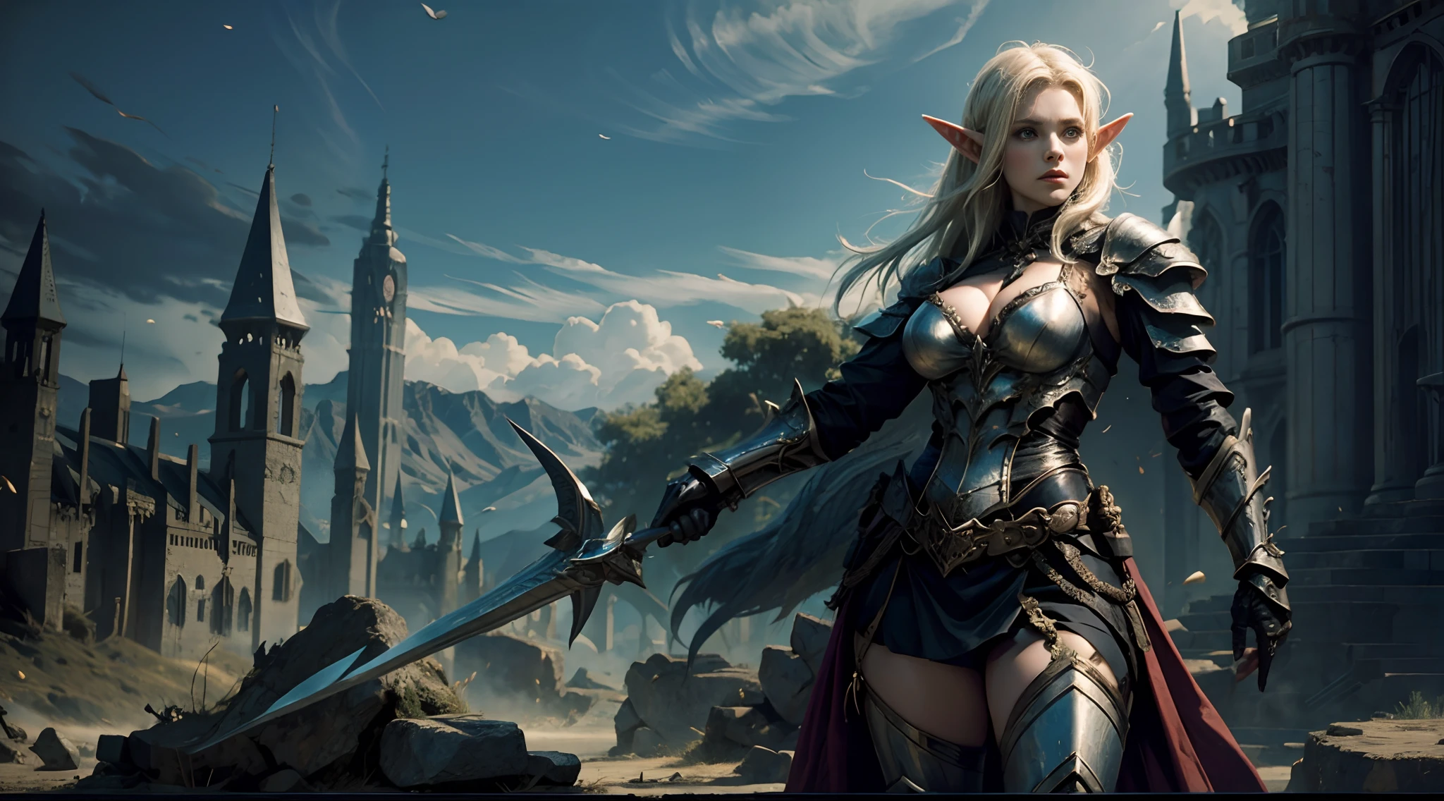 Female elf，Large breasts，Black armor，dramatics，Fly on a dragon