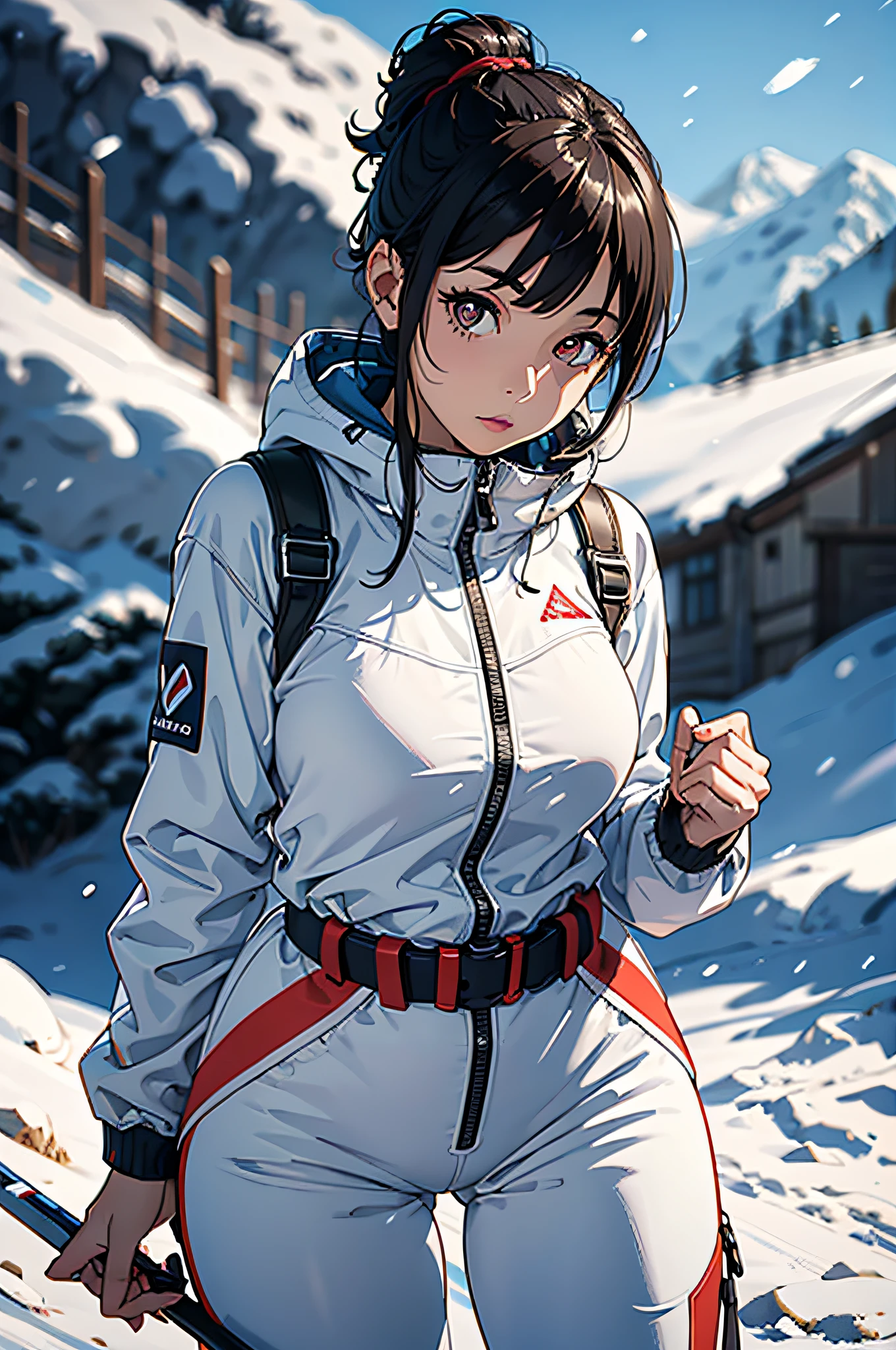 1girll, Solo, White sweater, White ski suit, Cold pants, White snow boots, ski, skiing, Extreme sports, snow mountains,
Masterpiece, Best quality, Realistic, Hyper-detailed, Absurd, view the viewer, medium distance,
Short black hair, Brown eyes, Detailed eyes, Sharp pupils, Realistic pupils, (Tiny breasts), (Thick thighs:1.2),
Slender, Dynamic lighting, high resolution, Sharp focus, Depth of field,