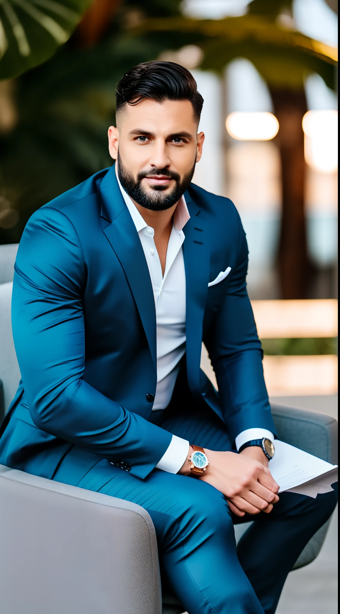 A man in a suit sitting in a chair with a watch on his wrist, Miniatura do YouTube, terno luxuoso, ternos, Terno Elegante, Comercial de TV, academia, roupas sob medida, Luxury Ad, instagram, Aghartha, Astor Alexande, solid background, Ad image, Estilo Corporativo, Directed by: Nandor Soldier, terno de alta qualidade, Background Story : Diego Fazio