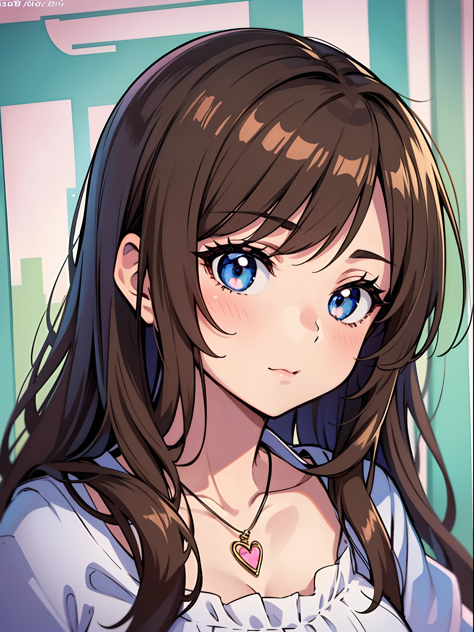 anime, a girl with brown hair and a necklace with a heart on it, complex details beautiful and delicate eyes, extremely cute anime girl face, cute anime girl portraits, cute natural anime face, cute anime face, anime visual of a cute girl, cute anime girl, cute anime girl portrait, anime moe artstyle, (anime girl), brown hair and large eyes, cute anime style, pretty anime girl