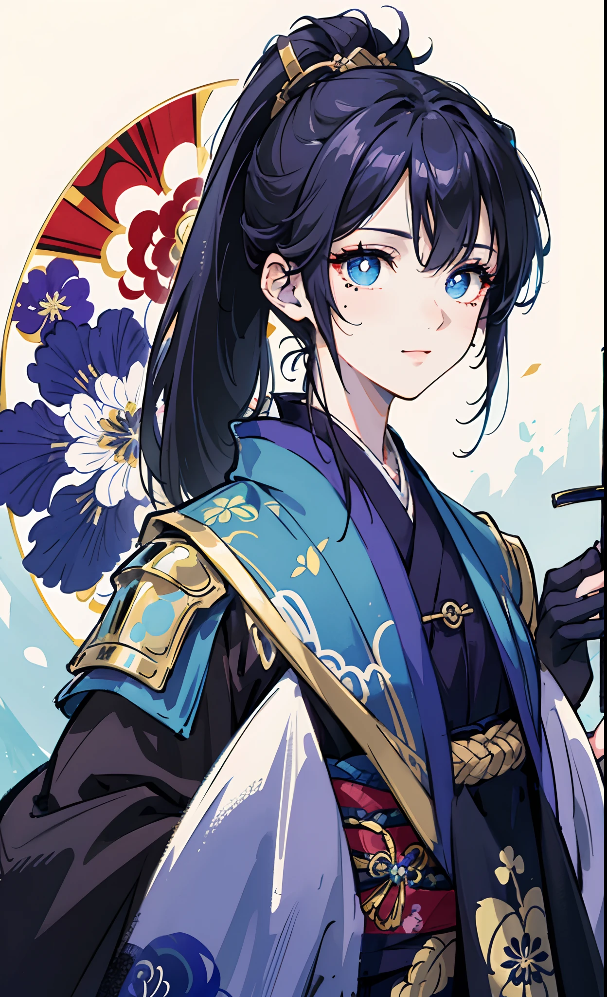 High ponytail,long whitr hair,Princess cut,Blue gradient eyes,Blue-purple kimono,ssmile,ellegance,Japanese noble girl,A masterpiece,Dark blue with pattern folding fan,Fine painting,Top image quality,whaite hair,katana swords,4k,(beautiful),Gentility,(sakura),Beauty mole,(A masterpiece),(Delicate facial features),(Very fine CG),(Highest image quality),Messy hair,long eyelasher,Ice blue pupils, (tmasterpiece),(Delicate portrayal of the eye),(Finely portrayed clothes) ,flowy,armour,opulent