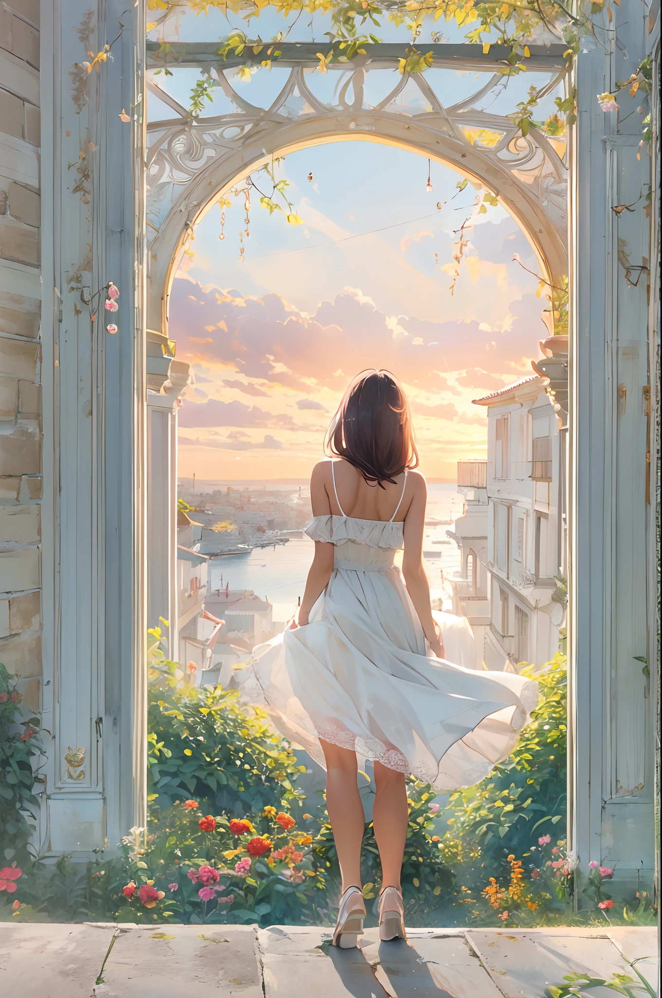 Women's white one-piece skirt blown away by strong wind in the city of Andalusia. She frantically lifts her skirt with her hands. It's like Marilyn Monroe.. She looks very embarrassed when her skirt is lifted.///Background (White streets of Andalusia,Long descent,Beautiful sea between the city and the hills:1.3), (Overlook the Andalusian city from a high point:1.3),Many white walls and red roof,Many houses are lined up,Big Park,Reflection of light from the sea,Sunrise at sea,Sunrise,Morning Sky Sunrise, Sunrise, Sunrise sky, Miniature landscape, Clear blue sky,effect///Fluffy pastel colors.fine brushes, Rough, detailed watercolour, soft and fantastic, pastel, Fluffy, (extremely fine and beautiful), (Perfect Detail)、(pastel color),Soft texture:1.2.(masutepiece, Best Quality), (finely detailed beautiful eye), (finely detailed  eyes and detailed face),The tones are also visibly luminous.Pale blurred contours,Unobtrusive lighting, moody atmosphere,subtle highlights