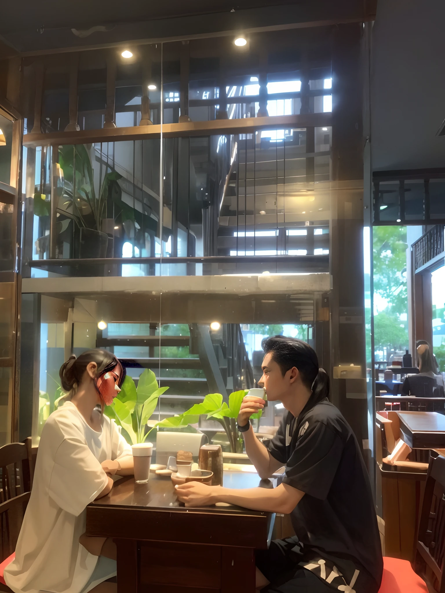 20-years old、male people、20yr old、femele、a couple、date、Casual fashion、Coffee shop terrace、8K, full HD, real face, summer, t shirt, luxury