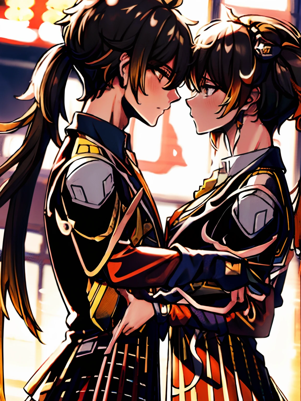 2 characters on stage (best quality masterpiece:1.2) 8k (detailed shoujo manga style:1.4) 1couple, 1girl blonde with pigtails (Junko) wearing enoshima junko's clothes black top with short sleeves and a red skirt, 1boy(zhongli) wearing zhongli's clothes black hair, beautiful, absurdres, school uniform, couple, serafuku, eye contact, school window sunset lighting, kissing