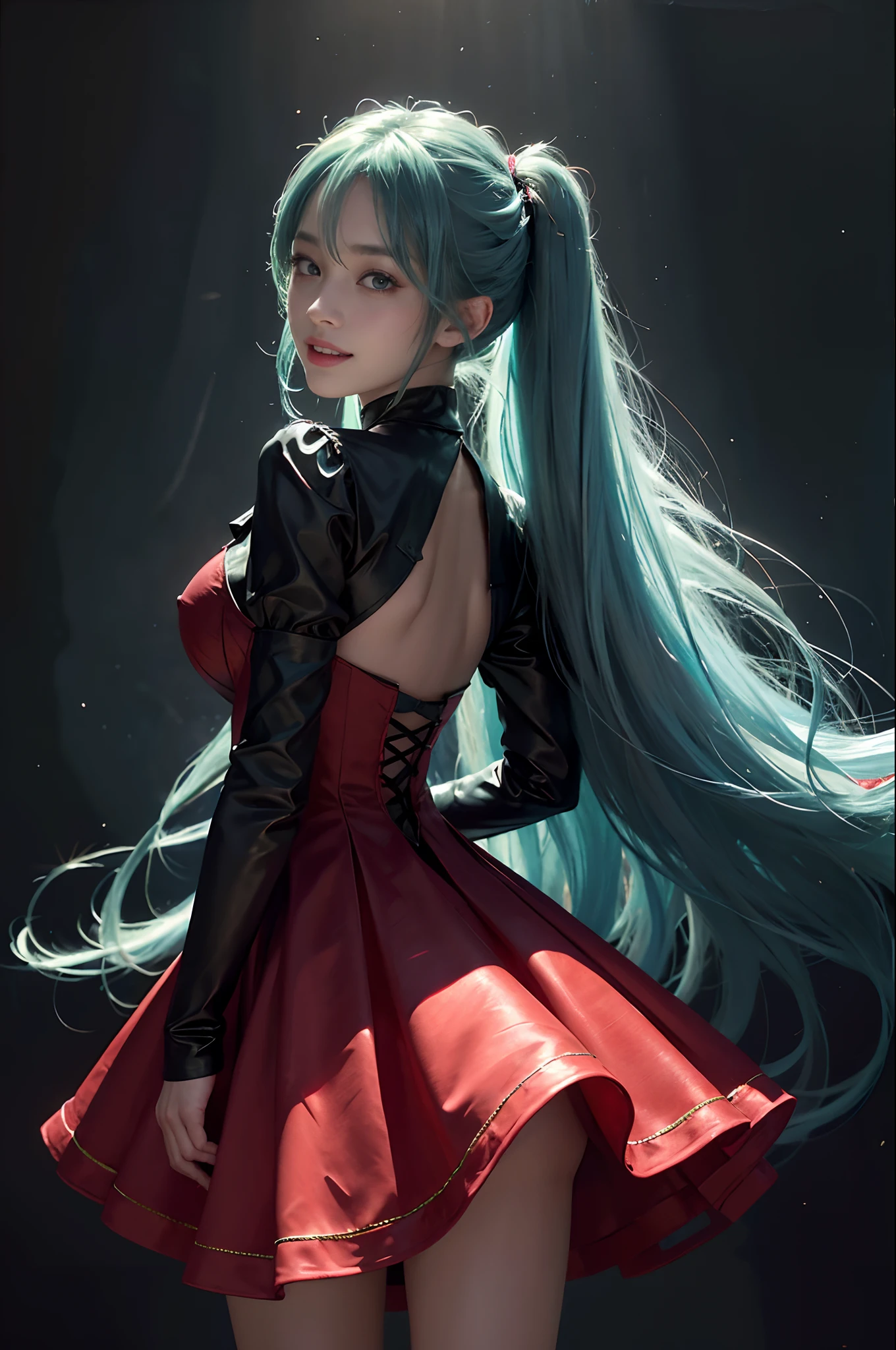 (hatsune miku charakter), tosca hair color, long twin tail hair with pony, looking at the view, eyes on the view, smile (big smile), (open mouth), full body photo, 21 years old girl, perfect body, perfect anatomy, tosca eye color, double eyelids, huge breasts, Highly detailed skin texture, (Realistic skin), Ultra-Detailed Face, Detailed Lips, Detailed Eyes, Double Eyelids, nacklaces, wet skin, wet hair, (((simple background))), (front focus), (in the dark:1.6), deep dark, Hyperrealist portrait of female by david hockney and alphonse mucha, fantasy art, photo realistic, dynamic pose, hot model pose, dynamic lighting, artstation, poster, volumetric lighting, very detailed faces, 4 k, in the dark, deep shadow, low key, cowboy shot, (red dress color), lighting dress, erotic lace dress, suspender stockings, extremely detailed, milk liquid