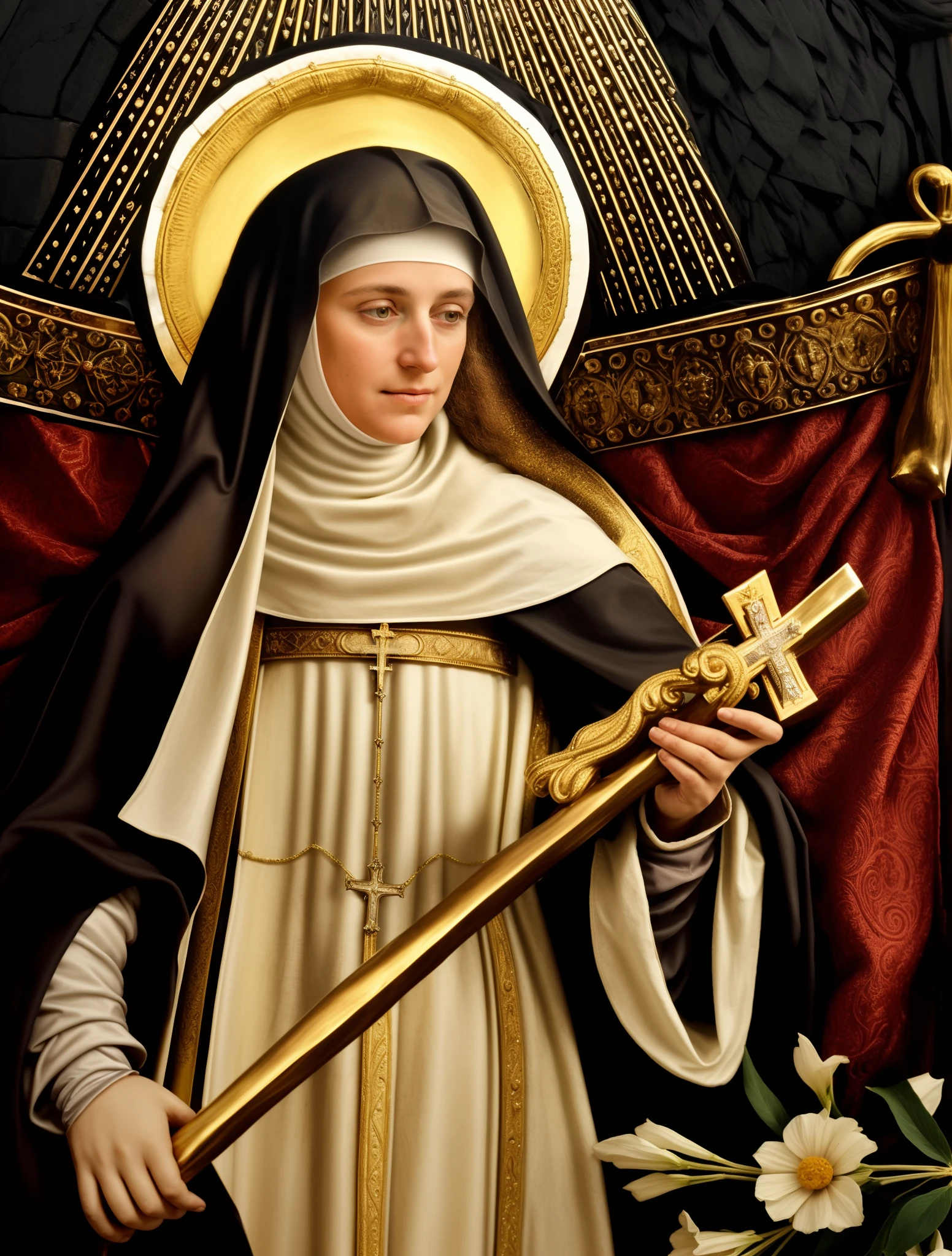 um close up de uma freira, majestosa mulher de santo, santa mulher, Retrato de Hildegard von Bingen, santo, santas mulheres, christian saint, inspired by Thomas Aquinas Daly, she's holding a cross, Santo retrato de Santa Monica, 4k