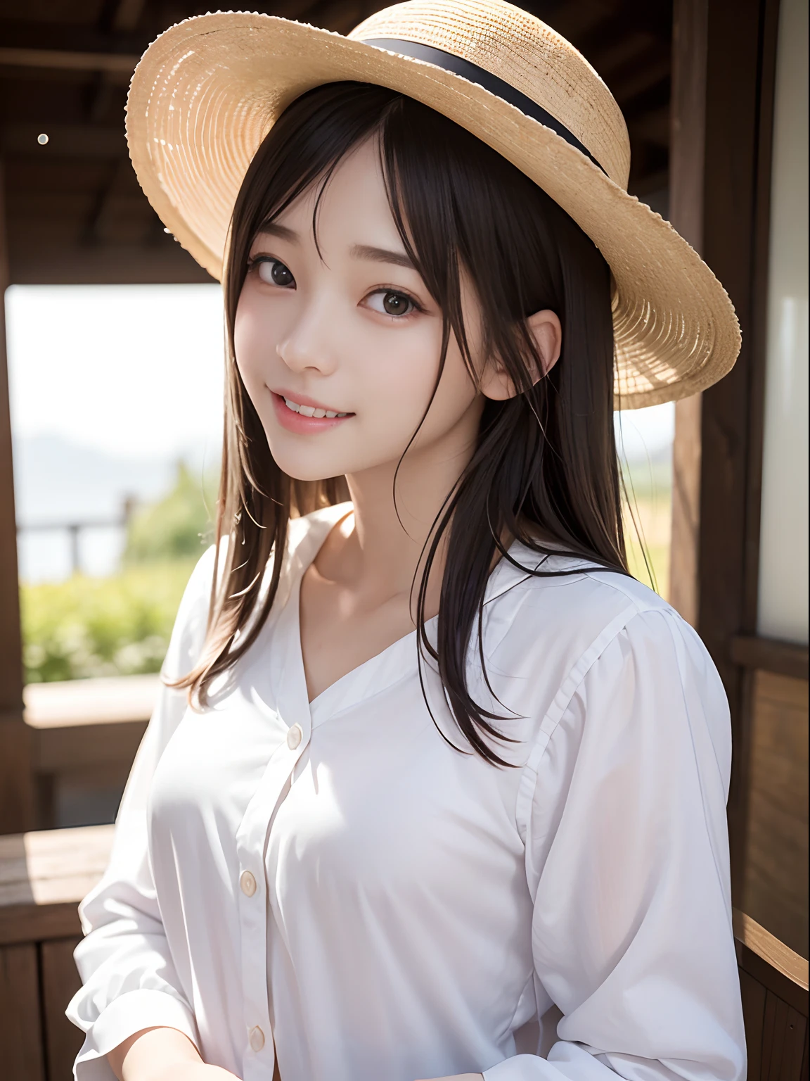 Multi-angle、top-quality、(((cowboy  shot)))、((Facing straight ahead))、Bust Focus、Soft light、(depth of fields)、超A high resolution、(Photorealsitic:1.4)、Raw photography、Ambient Occlusion、a straw fedora hat、((14years))、((a small face))、ren、1girl in, Swollen eyes、(Dark blonde hair：1)独奏, (A smile:1.2), (dark brown eyes,catchlight), Fine skin, Tube Top、(excellent、​masterpiece)、1girl in、beautidful eyes、Harmonious facial features、​masterpiece, The highest image quality, hightquality, beautiful a girl, japanes, Japan schoolgirl, detaileds, A detailed eye, Detailed skin, Beautiful skins, 超A high resolution, (Realistis:1.4)、Beautiful skins, (Dark blonde hair:1)、Longhaire、Pattsun bangs、 (A hyper-realistic), (illustratio), (hight resolution), (8K), (ighly detailed), (The best illustrations), (beautifully detailed eyes), (ultra-detailliert), (wall-paper), (详细的脸), looking at the viewers, finely detail、A detailed face、pureerosfaceace_v1、A smile、((Opening Mouth：1.2))、((Show your teeth and smile))、Looking straight ahead、Looking straight ahead、angle from waist up、photos realistic、Bright lighting、profetional lighting、14years、  petite, little, flat_chest, skinny,