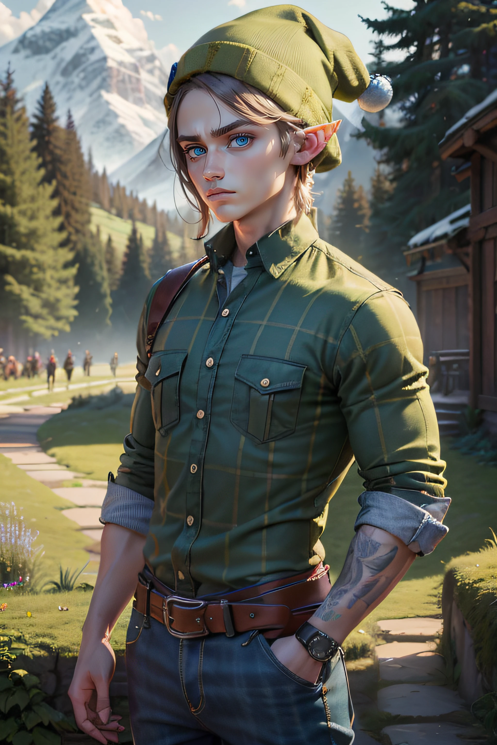 ((masterpiece)), ((top-quality)), (ultra-detail), ((highly detailed)), 4K, (8K), link elf jeans, young male, outdoor, lumberjack, drawing, caartoon, 2d art, green beanie, (blue eyes), (big eyes), plaid shirt, (male face), (large eyes), (looking ahead), (looking away), (not looking at the audience), short hair, cartoon face, drawing face, large eyes, anime eyes, big blue eyes, male face