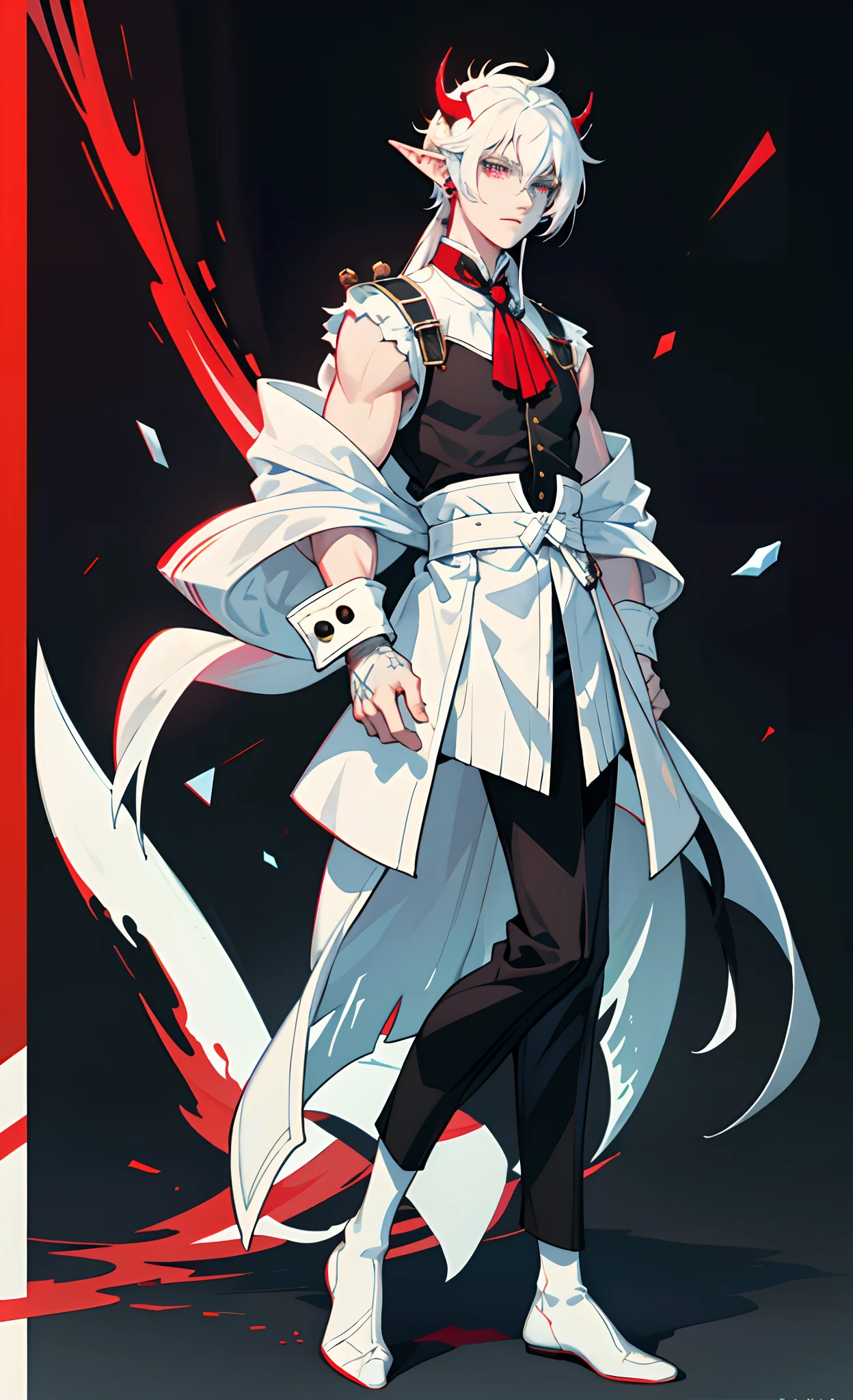 Full body photo of ,elvish ears,Three round stud earrings,It has blue dragon horns,White skin,Very strong,Very handsome,Very handsome,White eyes,crystal shining eyes,White color hair,There is a red pick dye,Mullet hair style,Red and white hair,A dog collar around his neck,Very expressive expression,Black top,White coat,Cropped pants,There are leg loops on the legs,8K,Anime black pants,Half-cut pants,leg loops