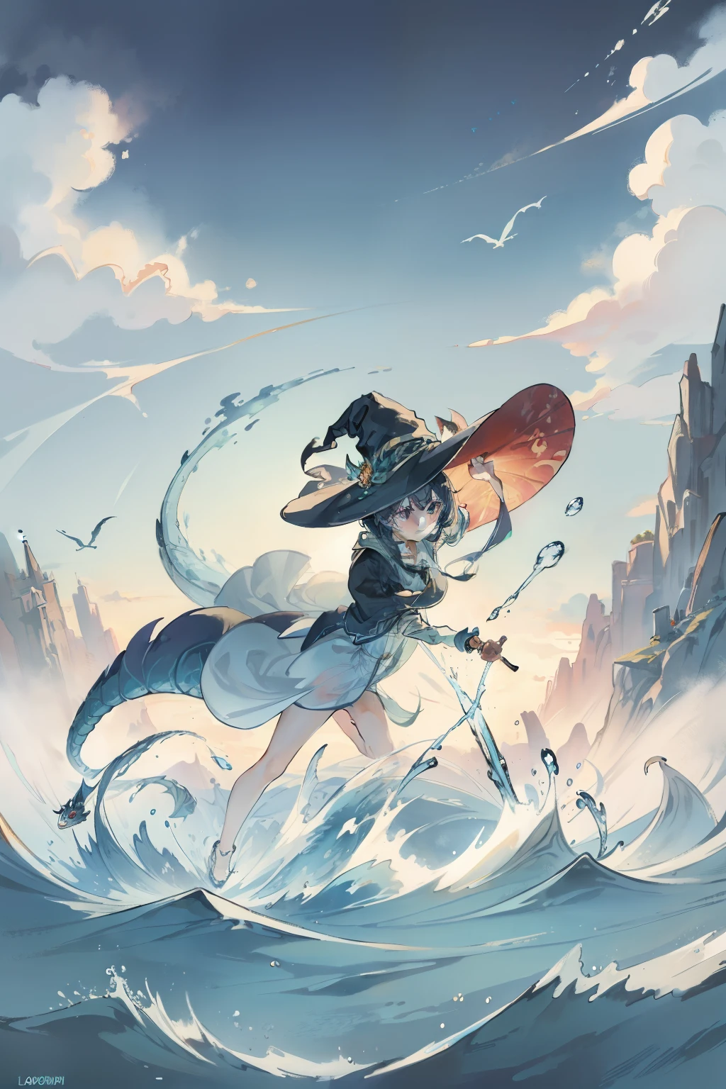 Bright colors,Magic background,loong background,water background,the sky background,1girll,witch hat,dragon horn,is very beautiful,Dress conservatively,Fighting posture