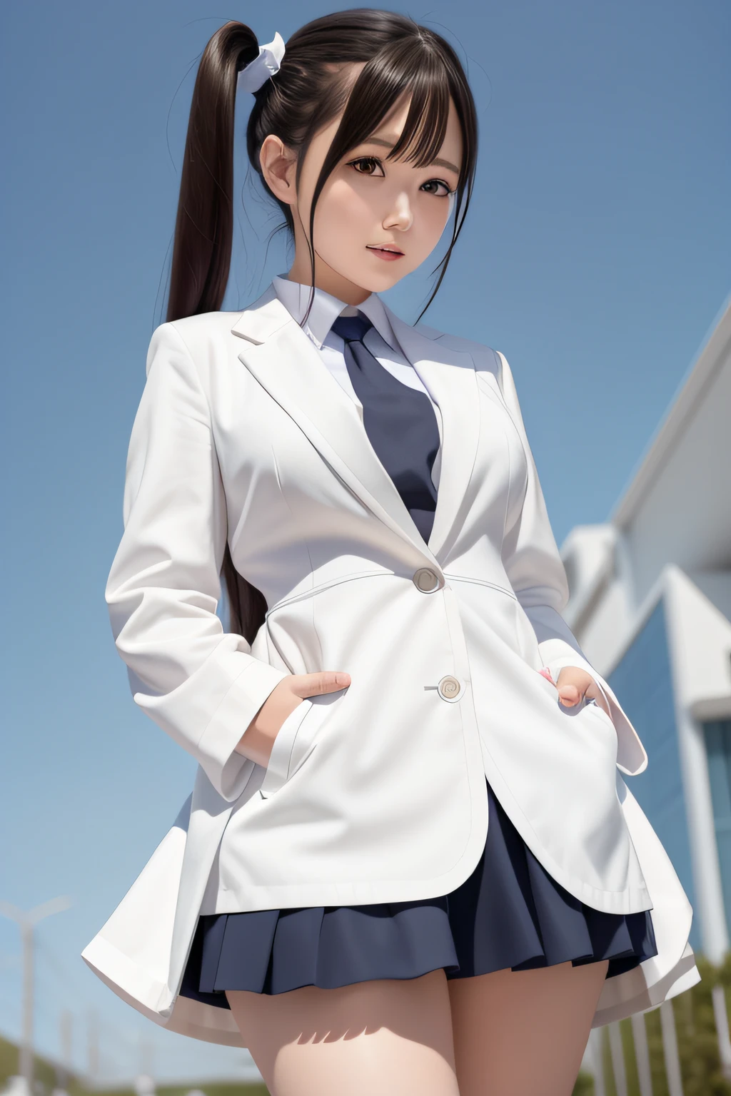 Anime girl in white coat and blue skirt poses for photo, Anime girl cosplay, けもの, twintails white_gloves, shikamimi, real life anime girl, fluffy chest, [32k hd]^10, 8K!!, cutecore, Realistic Young Gravure Idol, Anime Cosplay, full-cosplay