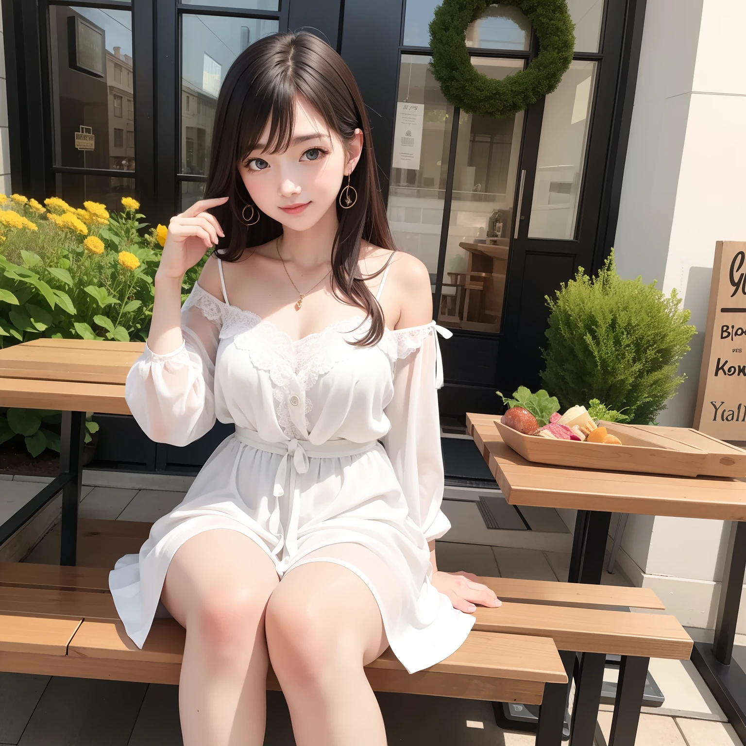 (8K, Top Quality, Masterpiece: 1.2), (Realistic, Photorealistic: 1.37), Ultra Detailed, ((1 Girl))), Solo, Beautiful Details Sky, More Cafe, Night, Sitting, Date, (Blushing), (Smile: 1.15), (Open Mouth), Big Breasts, Beautiful Detailed Eyes, (Shirt: 1.8), Night, Wet, Rain, White Lace, (Short Hair: 1.2), Floating hair Novafrog style, ((full body)), stand, sexy, cute