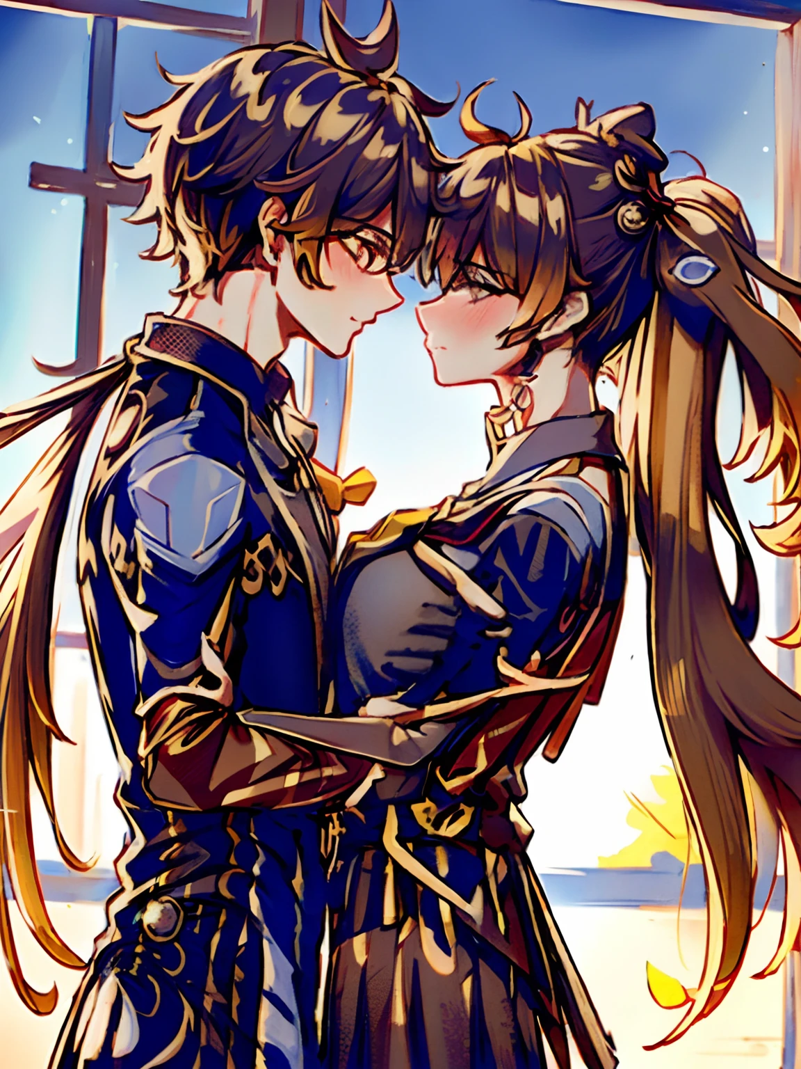 2 characters on stage (best quality masterpiece:1.2) 8k (detailed shoujo manga style:1.4) 1couple, 1girl blonde with pigtails (Junko) wearing enoshima junko's clothes, 1boy(zhongli) wearing zhongli's clothes black hair,  beautiful, absurdres, school uniform, couple, serafuku, eye contact, school window sunset lighting, kissing