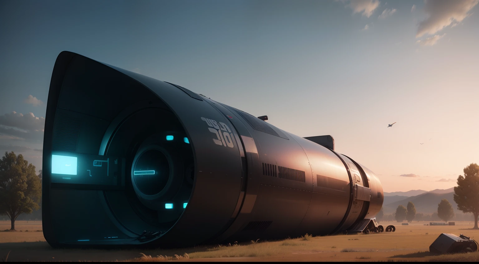 A huge monitor in an empty field,A curved tube is attached to a villain's ear