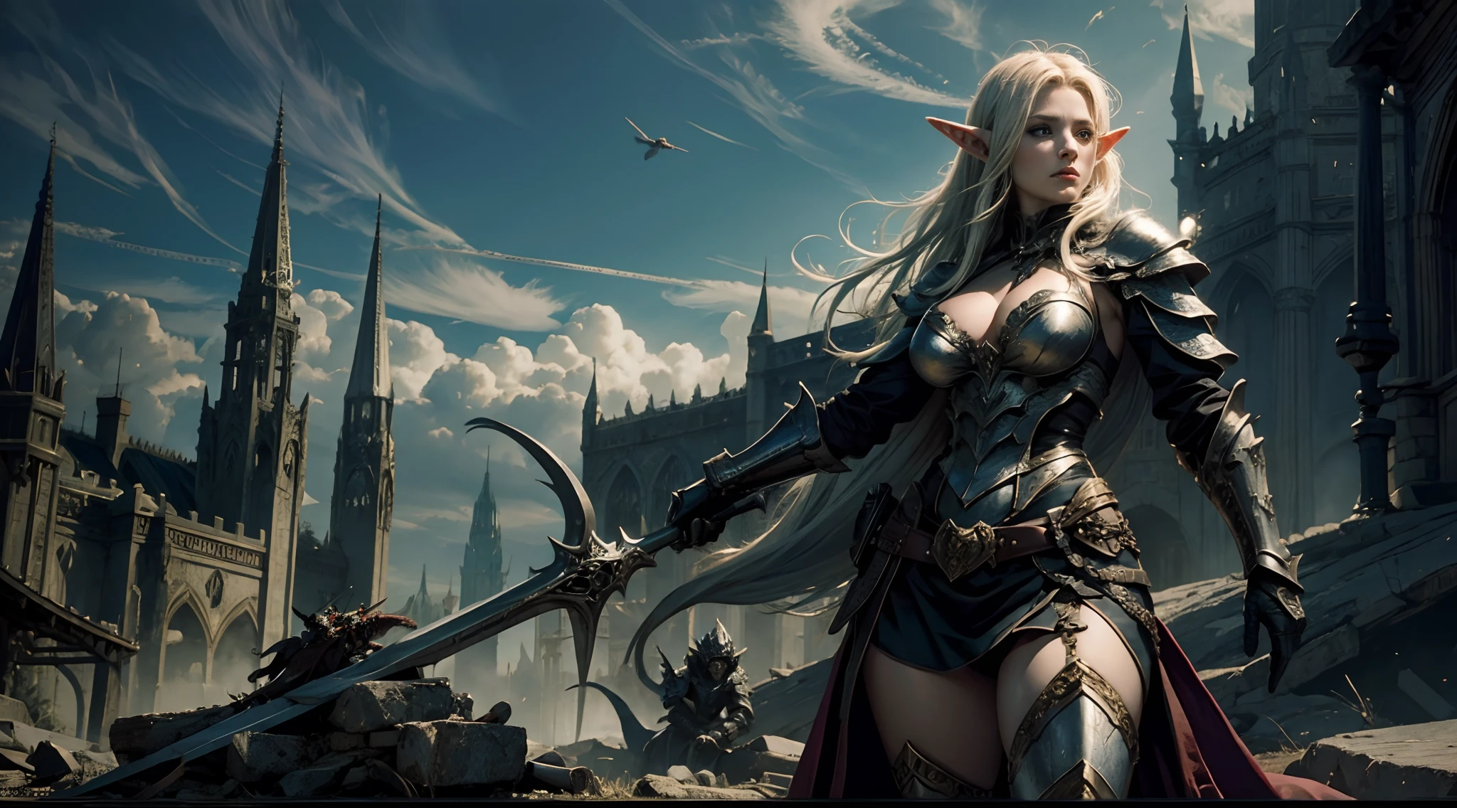 Female elf,Large breasts,Black armor,dramatics,Fly on a dragon