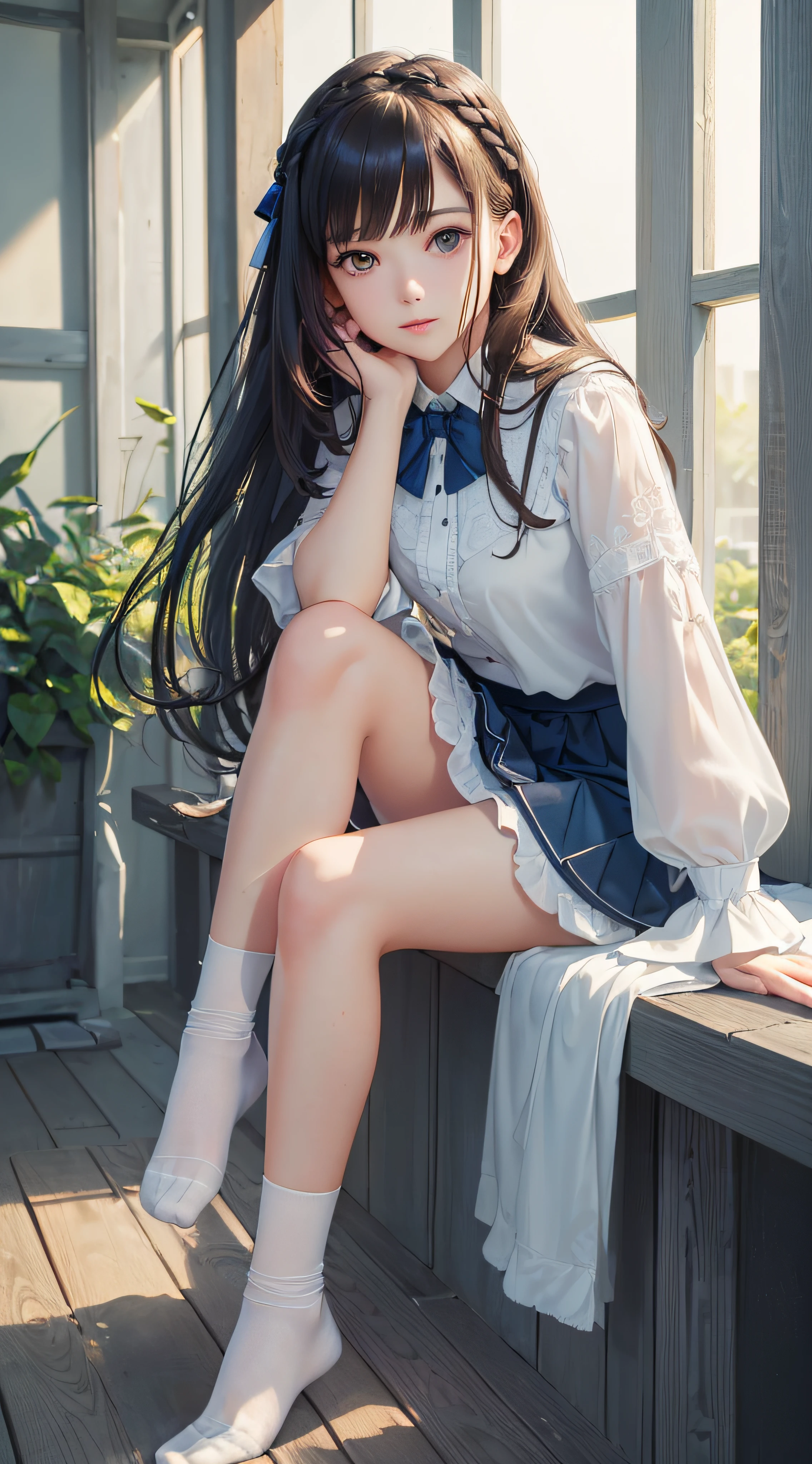 ((Bright garden porch background)), (lo-fi), (soft focus), High Definition, Masterpiece, High Definition, High Definition, 4K, Ultra High Definition, Ultra realistic shadows, Ultra realistic, Dramatic lighting, One Girl, Solo, Detailed Face, Realistic Eyes, Realistic Skin, Dynamic Hair, Dynamic Pose, Dynamic Angle, (White Blouse), (Dark blue bow tie), ( Dark blue long skirt))), ((White short ankle-length socks with folded edges))), white background, (Raw photo: 1.2), (Photorealistic: 1.4), Beautiful detailed girl, Very detailed eyes and face, Beautiful detailed eyes, Huge file size, super detailed, high resolution, very detailed, highest quality, (bright indoors), (soft light), (low contrast), ( shallow depth of field), (portrait of a beautiful woman illuminated by gentle light), (very delicate and elegant depiction), (short length bangs), (hair color is dark chestnut with a slight brown tone), (hair with subtle and gentle waves), (small braid intricately woven on the sides of long hair), ((white short ankle-length socks with folded edges))), illustration, very detailed, CG, unification, 8k wallpaper, Amazing, fine details, best quality, highly detailed CG unified 8k wallpaper, face lights, movie lighting, 1 girl, , (((without panties)), (camel toe), (half), (bent knees and legs sitting))