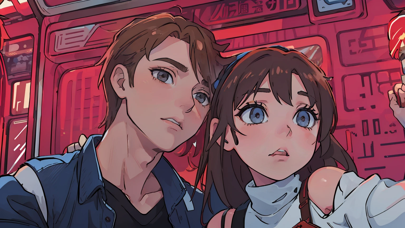 (Boy1 making out with Asuna1 inside the taxi), (Asuna1, female, long blond hair, brown eyes, blue off-shoulder turtleneck top, red short skirt, white sandals, kissing Boy1), (Boy1, male, taller than Asuna1, short red brushed-up hair, red bandanna, brown eyes, black leather jacket, blue jeans, kissing Asuna1), inside taxi