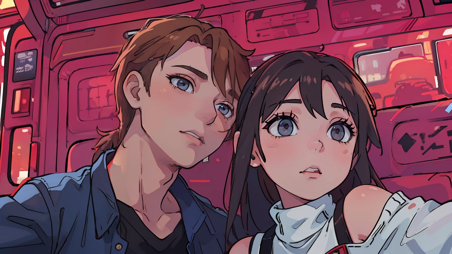 (Boy1 making out with Asuna1 inside the taxi), (Asuna1, female, long blond hair, brown eyes, blue off-shoulder turtleneck top, red short skirt, white sandals, kissing Boy1), (Boy1, male, taller than Asuna1, short red brushed-up hair, red bandanna, brown eyes, black leather jacket, blue jeans, kissing Asuna1), inside taxi