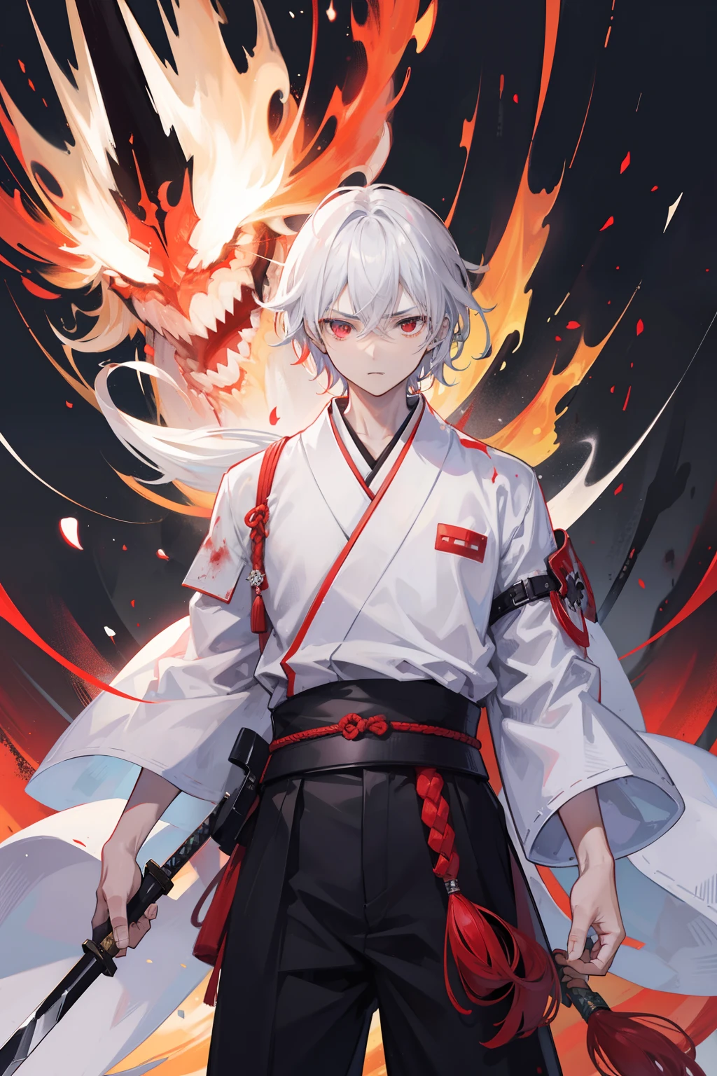 2boys，cabelos preto e longos，Red-eyed teenage man，Stand on an empty street at night，extreme hight detail，White jacket，Black Hakama，Aoba Ori，Holding a huge blood-colored weapon in one hand，A Japanese style，Intimidating，Engulfed in flames、Sword，wall-paper，CG compositing，Japan best swordsman、action、Glowing eerily with lightning、worn-out