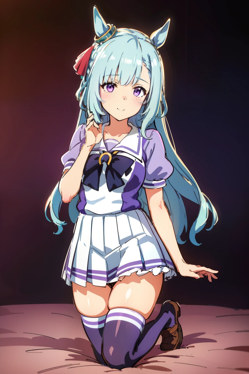 mejiro ardan \(Umamusume\),(Chibi,sketch,anime colours,close-up,Seiza,facing straight at viewer,Front view:1.2),tracen school uniform, Summer uniform, serafuku, Puffy Short Sleeves, purple bowtie, Horseshoe ornament, Sailor collar, sailor shirt, Purple shirt, White skirt, Pleated skirt, frilld, Miniskirt, zettai ryouiki, white thigh highs, Brown Footwear, lowfers,medium breasts,A smile,thighs thighs thighs thighs.Looking away,Wave Hand