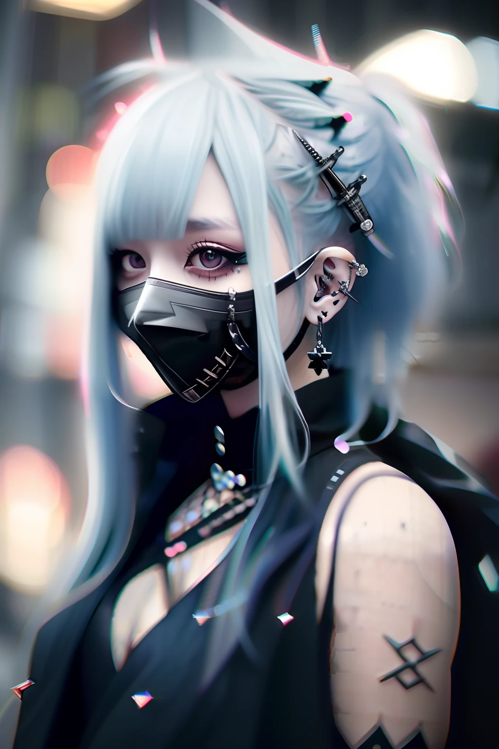 goth_punk, 1girl in, 独奏, medium shot, Walking in Harajuku, ((during night)), bokeh dof, Neon light, Iridescent eyes, starrysky, White shiny hair, White eyebrows, Radiant hair, (iridescent white hair), 耳Nipple Ring, bangss, jewely, masks, bluntbangs, verd s eyes, Mouth mask, blurry backround, bblurry, hair adornments, Look at viewers, shorth hair, portraitures, side locks