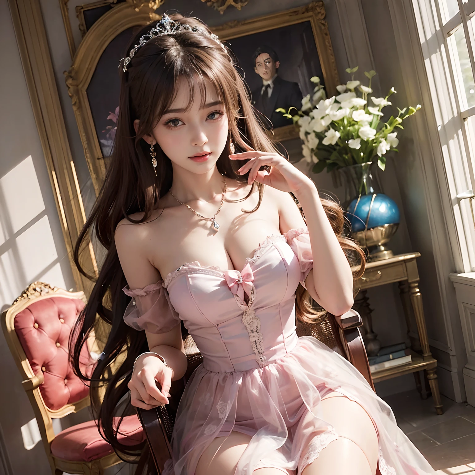 ((Realistic lighting, Top quality, 8K, Masterpiece: 1.3)), Clear focus: 1.2, 1womanl, Perfect beauty: 1.4, Two girls, dress, brunette, jewelry, Long hair, Earrings, Pink dress, Nature, En plein air, bare shoulders,Long dress, Pink bow,No shoulder strap, necklace, Wavy hair, Strapless dress,Lace sleeves, setin dress,Close-up of woman posing for photo in pink dress,Beautiful age girl,Beautiful Korean woman, uma linda princesa, cute elegant pose, Bell Delfin, Wearing a pink dress, beautiful fantasy maiden, Anime princess, beautiful and seductive anime woman,Beautiful Asian girl, attractive anime girls, elegant glamourous cosplay,(In front of the chairs in the entrance hall of the mansion:1.8),(Beautiful spherical articulated doll:1.3),Luxurious princess dress,
