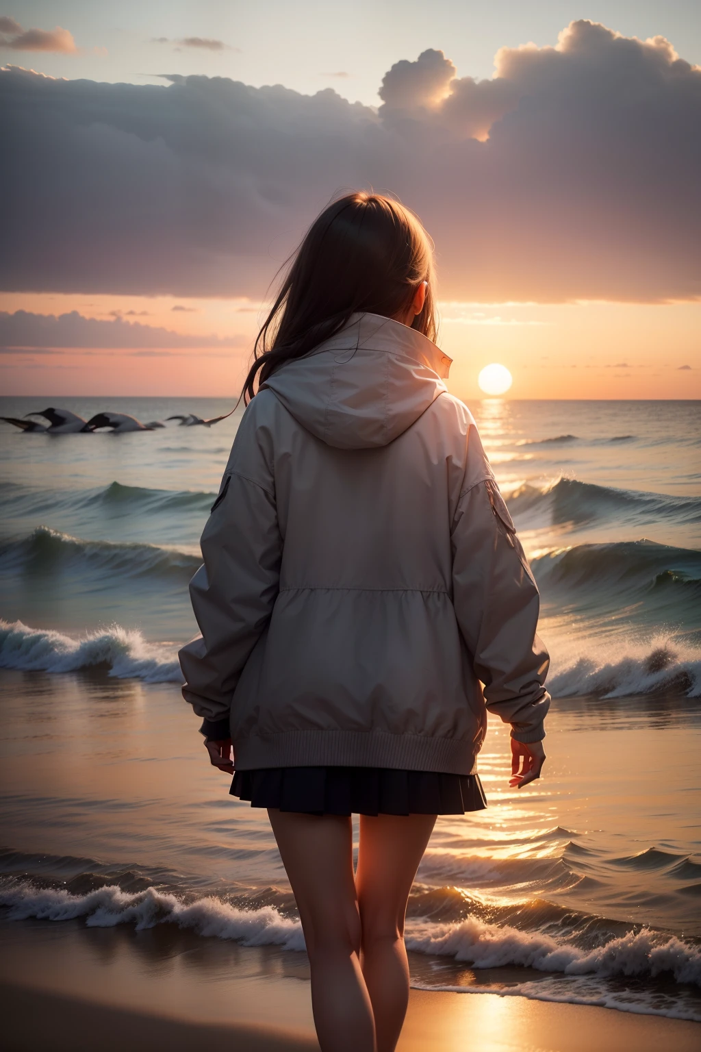 Use medium focal length to photograph a teenage girl in a heads-up position,She stood on the beach in the sunset。The backlight gives her silhouette a soft golden yellow glow,At the same time, the shadow on the beach deepens,Make a contrast。The shallow depth of field puts her in focus,The sea water and seabirds in the background are slightly blurred。Make use of the rule of thirds,Women are located on the vertical line on the left,The sunset is on the vertical line on the right。