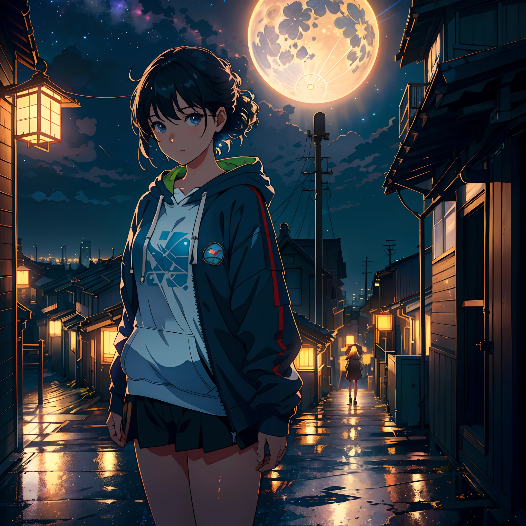 Realistic, Real life, Beautiful cute little girl standing on roof looking at the sky, Detailed cities below with lanterns, Very detailed by Greg Lutkowski Makoto Shinkai Kyoto Animation Key Art Feminine mid-shot, style of Laurie Greasley, Studio Ghibli, Akira Toriyama, by james gilleard, GenshinImpact, Trending pixiv fanbox, acrylic palette knife, 4K, Vibrant colors, Devinart, Trending on ArtStation,Octane Render, bio luminescent,8K resolution concept art, Realism,by Mappa Studios,masutepiece,Best Quality,Official art,Illustration,ligne claire,(Cool_Color),Perfect composition,absurderes, Fantasy,Focused,Night, Starry Night, crescent, shooting stars,Stars,,Cypherpunk universe,Photo of 8K ultra realistic beautiful sad woman in her 20s standing on top of a building,Leaning against the railing,Take a look at the sky for a moment, See the glowing cypherpunk neon city ,Wearing a cypherpunk style short hoodie shirt and medium short,Medium chest, Full Moon Night , entire city visible , Complex wet black shoulder length hair, Heavy rain makes her all wet ,