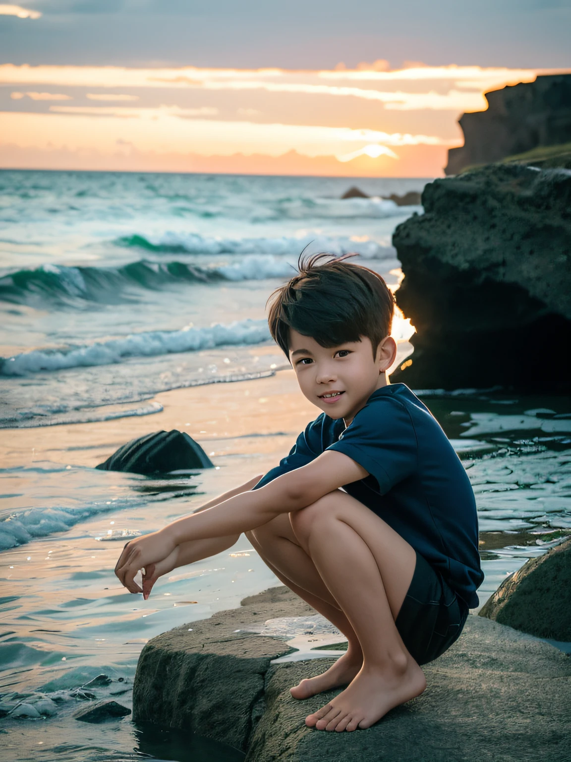 there is a young boy sitting on a rock by the water, xintong chen, jaeyeon nam, ryan jia, yanjun cheng, the ocean in the background, yihao ren, wenjun lin, my son! the jaws that bite, Kim Tae-joon, Zhongyuan Zheng Lei, Have by the sea, andrew thomas huang, Li Zixin