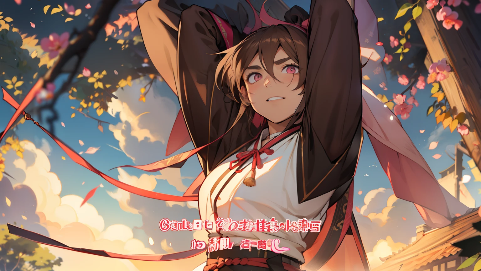 poneyTail、long brown hair、dark pink eyes、thick eyebrow、thick neck、Two-dimensional manga boy Shota, brown haired, Dark blue Chinese style clothing、shortsleeves、White hooded haori without sleeves、bare-legged、Black leggings、 sandal、Sunnyday、Scenery of Shanghai、firmament