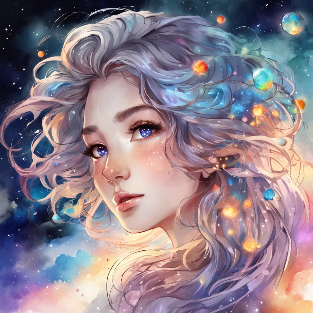 ((masterpiece)), (((best quality))), ((ultra-detailed)), ((illustration)),[realism light effect],shadow,(Fantasy style),(white background:1.6), simple background, (earth theme),(a cloak)[(hair focus,((1girl)),[(big slime hair): (cloud hair):0.3], (hair on background),(high saturation),(hair surrounded by galaxy splashes),)):((her hair is becoming galaxy clouds,:1.27628), (hair and clothes is galaxy clouds and cluster of stars:1.1025),(a cloak is becoming galaxy clouds)(colorful_galaxy_print_clusters_of_stars_print:1.35),((detailed starry sky with colorful galaxy and galaxy clouds):1.2)):0.35], (((masterpiece))),(((best quality))),((ultra-detailed)),(illustration),(dynamic angle),((floating)),(paint),((disheveled hair)),((beautiful detailed face)),collar,bare shoulders, ((colorful hair)),((streaked hair)),beautiful detailed eyes,(Gradient color eyes),(((colorful eyes))),(((colorful background))),(((high saturation))),(((surrounded by colorful splashes))),(((surrounded by colorful dot))),colorful bubble,((shining)),
