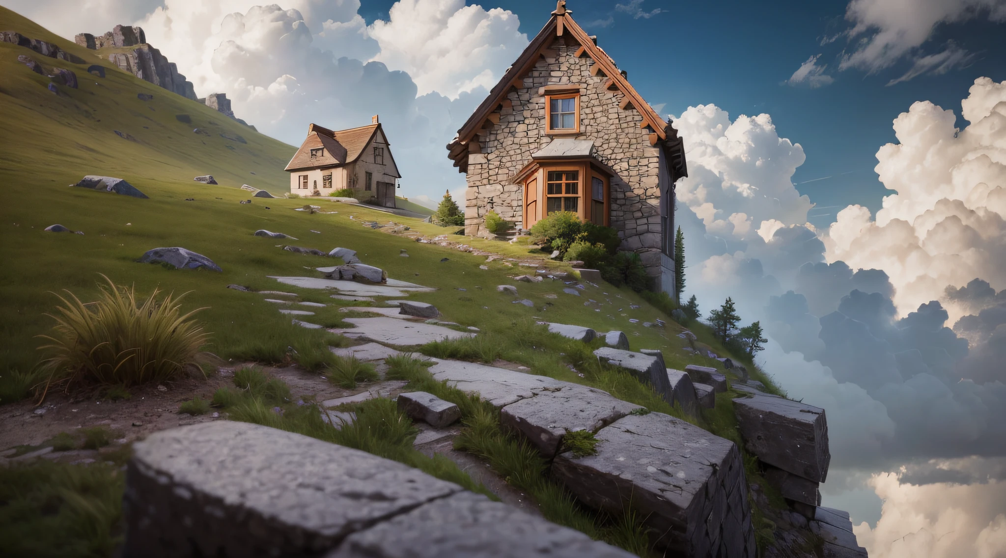 Very realistic photo with focus from the ground looking up from a {high peak} and a small stone house up there.