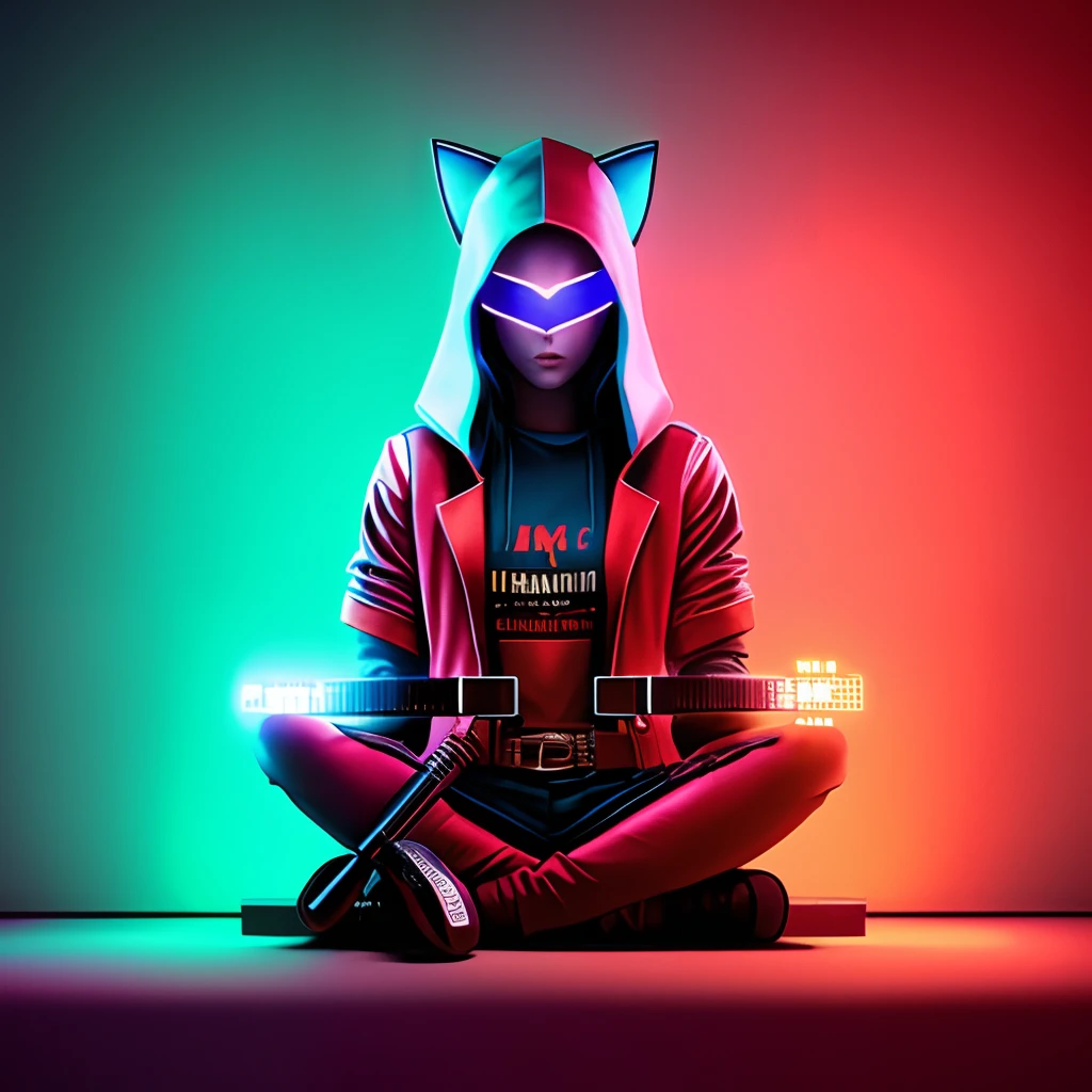 Woman with a red hood on her head, With an air of mystery, Tattoos close to the eyes, Neon with very blue eyes, It will expect, blanche, de cor laranja, highr, Put your hands in your pockets, Classical style, Completely in front, darkly, covert, Shirt Loga, Sat down. hands on desk, Shipping to a computer, Compared to Pesquesa, Long pants, Eye tattoos. Neon light, In a series of videos, Create content, Digital marking., Bring a cat.