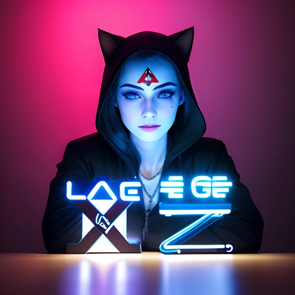 Woman with a red hood on her head, With an air of mystery, Tattoos close to the eyes, Neon with very blue eyes, It will expect, blanche, de cor laranja, highr, Put your hands in your pockets, Classical style, Completely in front, darkly, covert, Shirt Loga, Sat down. hands on desk, Shipping to a computer, Compared to Pesquesa, Long pants, Eye tattoos. Neon light, In a series of videos, Create content, Digital marking., Bring a cat.
